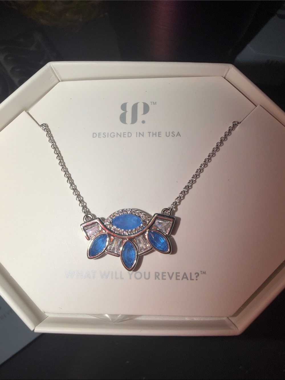 bp Silver-Tone Blue Crystal Fan Necklace